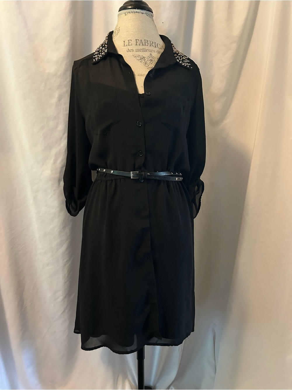Black Button-Front Shirt Dress with Embellished Collar And Slip